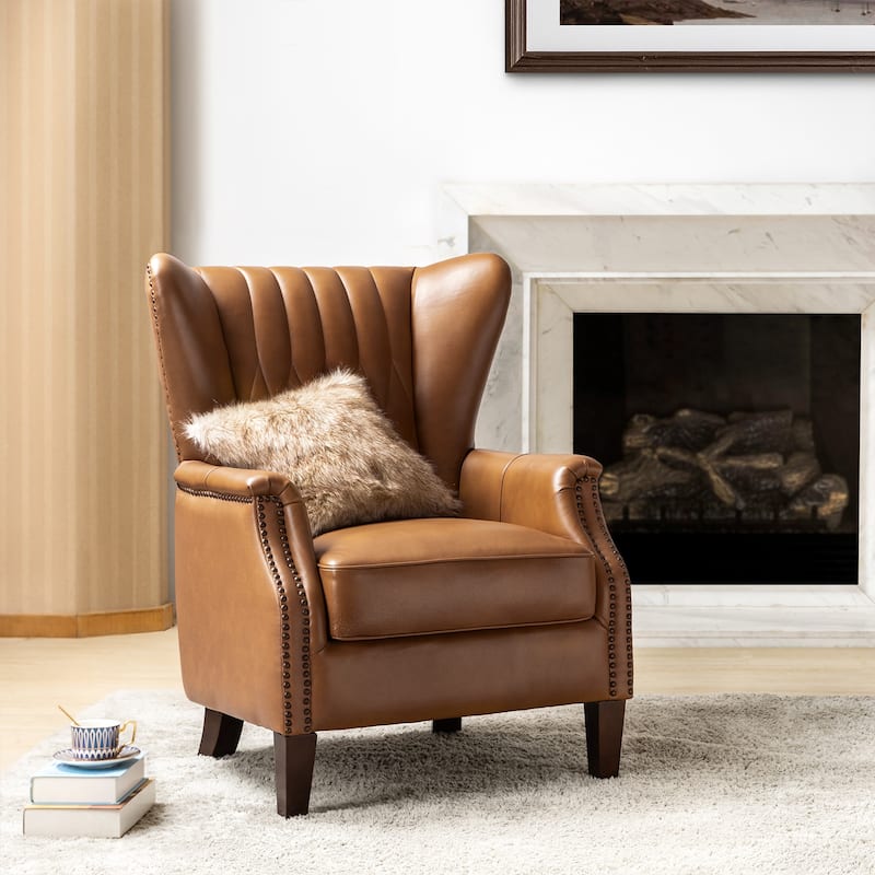 Xaver Traditional Genuine Leather Button-tufted Armchair With Solid Wood Legs and Thick Padded Seat Cushion by HULALA HOME