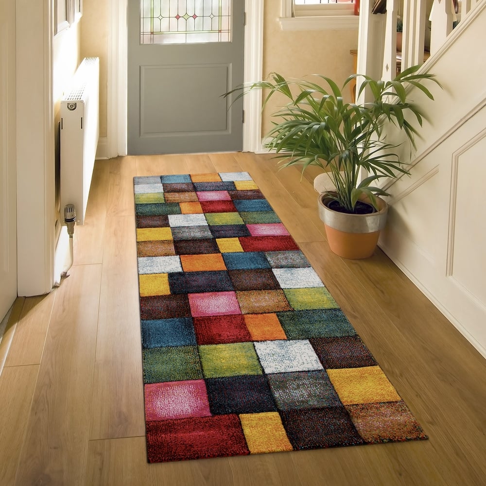 Colorful Living Room Rug with geometric Squares, Multi-Colored