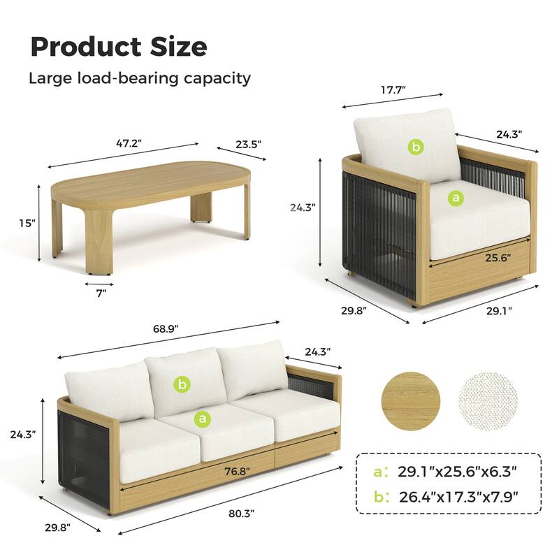 Overture 4-Piece Natural Wood Grain Aluminum Hand-Woven Rope Patio Conversation Set with Beige Cushions and Coffee Table