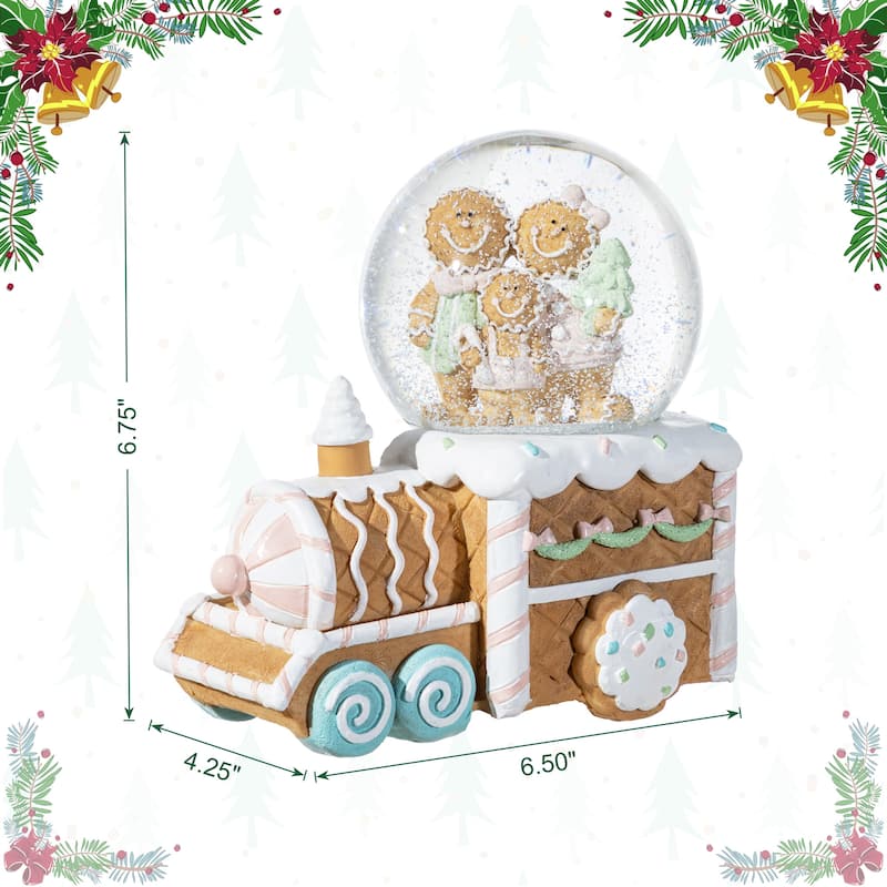 Glitzhome 100mm Christmas Resin Musical Snowflakes Ginginerbread Family Train Waterglobe