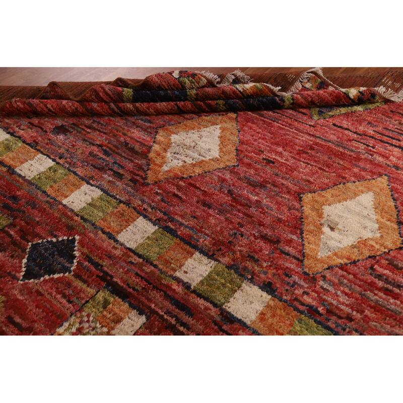 Hand Knotted Oriental 100% Wool Carpet Modern Tribal Red Moroccan Area Rug - 9' 11'' X 6' 9''