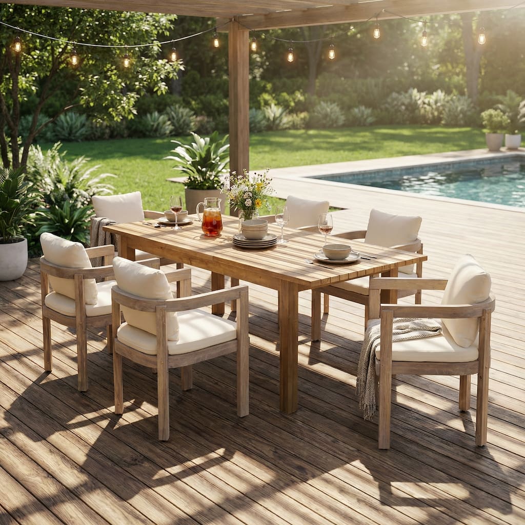 Christopher Knight Home - Farmhouse 7-Piece Outdoor Patio Dining Set with Expandable Acacia Wood Table and Cushioned Armchairs