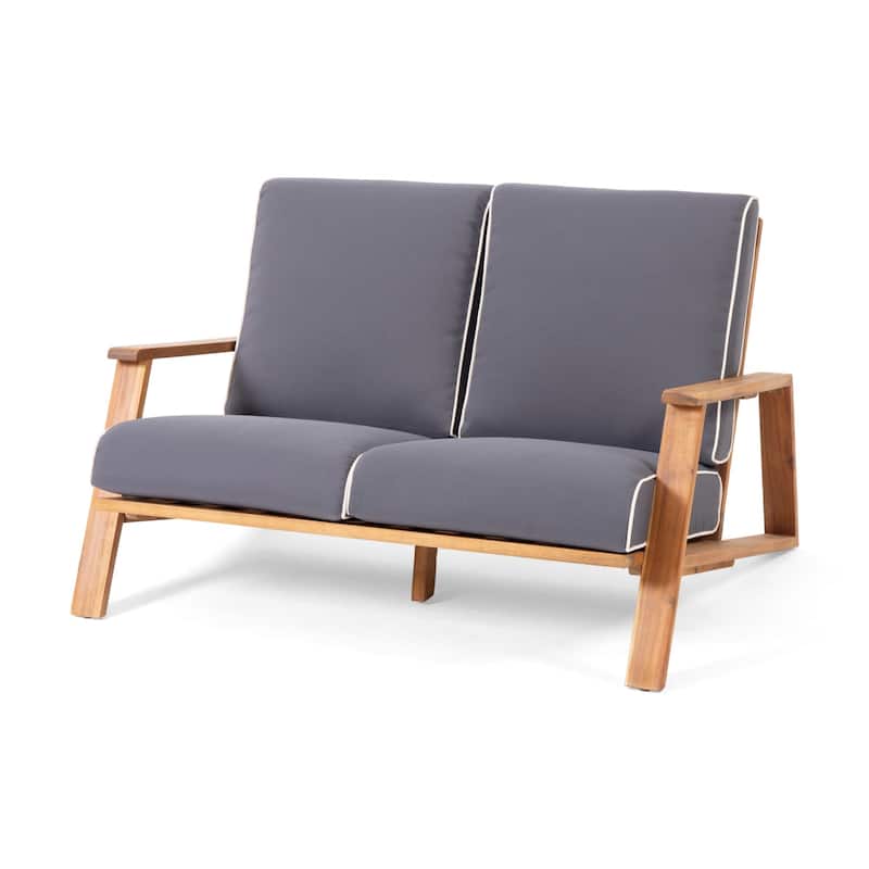 2-Piece Outdoor Acacia Wood Loveseat Sofa Chair Set with Coffee Table