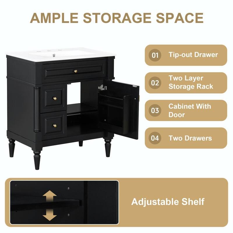 36" Bathroom Vanity with Sink, Freestanding Bathroom Cabinet with Ceramic Basin, Flip Drawer