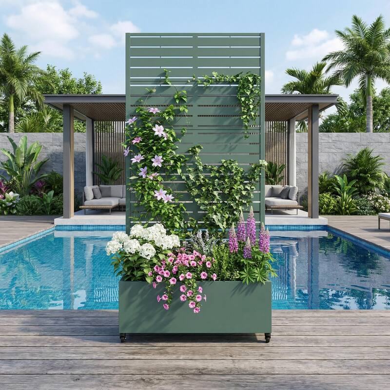 Raised Garden Bed Planter with Trellis Movable Planter Box with Lockable Wheels