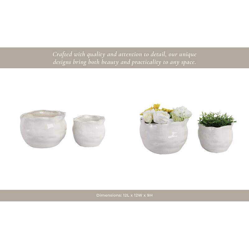 Stoneware Ceramic Round Wavy Edge Planters Decorative Pot (Set of 2) - 12" x 12" x 9"