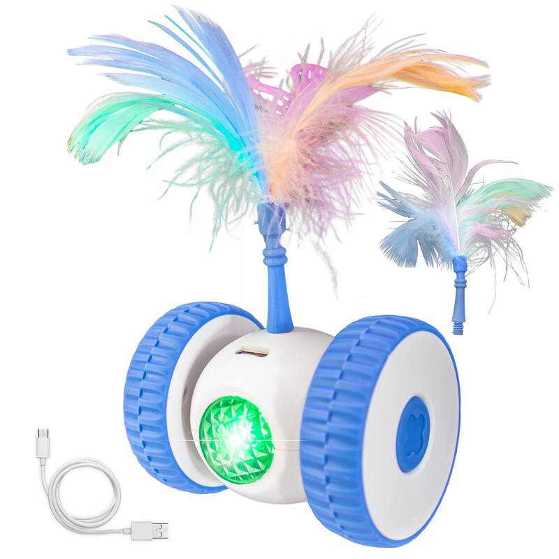 Interactive Cat & Dog Toy LED Lights, Wheels, & Moving Teaser Feather Wand - USB Rechargeable - white - regular