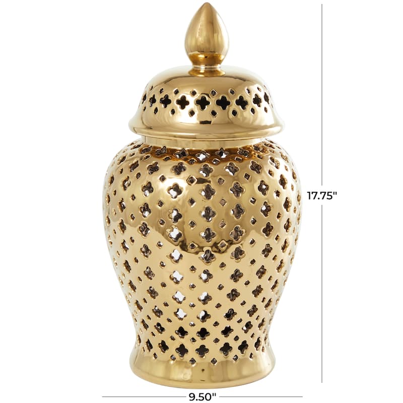 Gold Ceramic Living Room Decorative Jars with Geometric Cutout Design and Lid