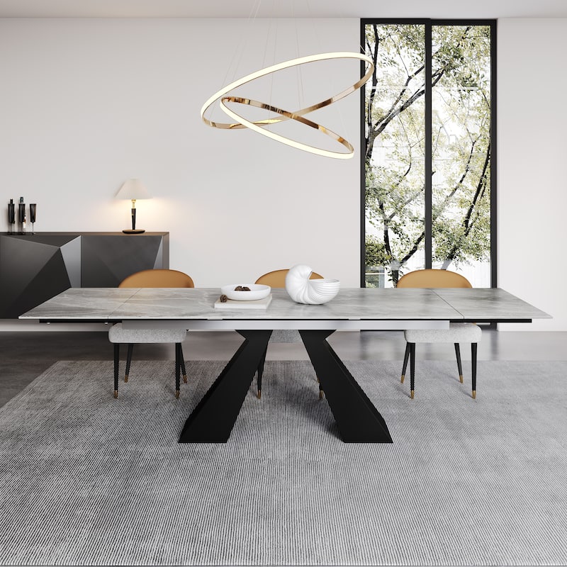 Extendable Rectangular Sintered Stone Double Pedestal Dining Table - Rome Grey