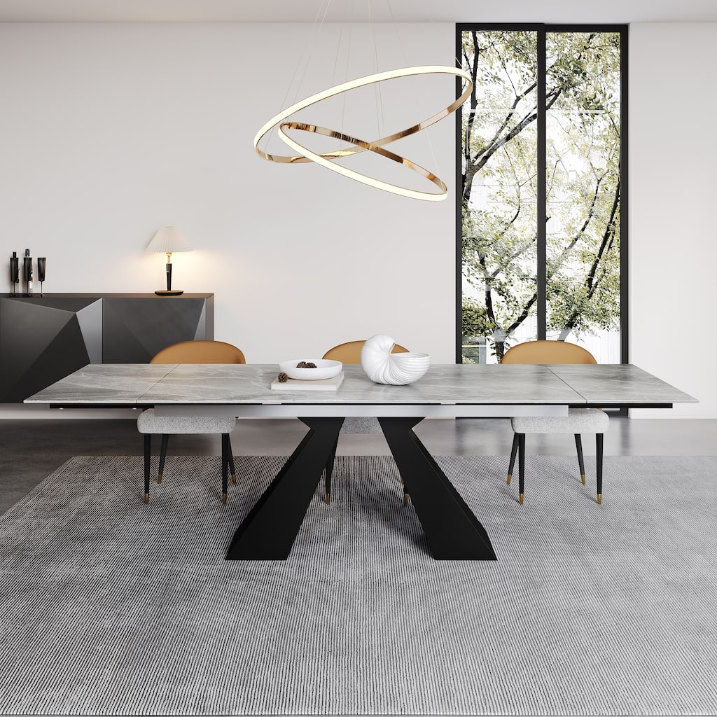 Extendable Rectangular Sintered Stone Double Pedestal Dining Table