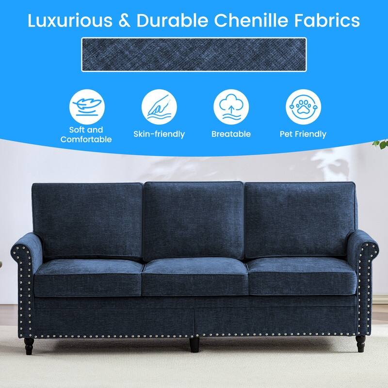 Mixoy Chenille Living Room Sofa,Modern 3-Seater Sofa Couch,Unique Riveted Look