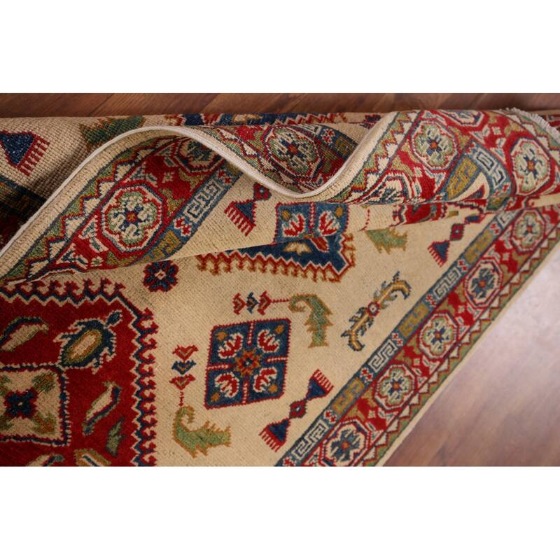 Geometric Kazak Accent Rug Hand-Knotted Beige Wool Carpet - 3'3" x 5'1"