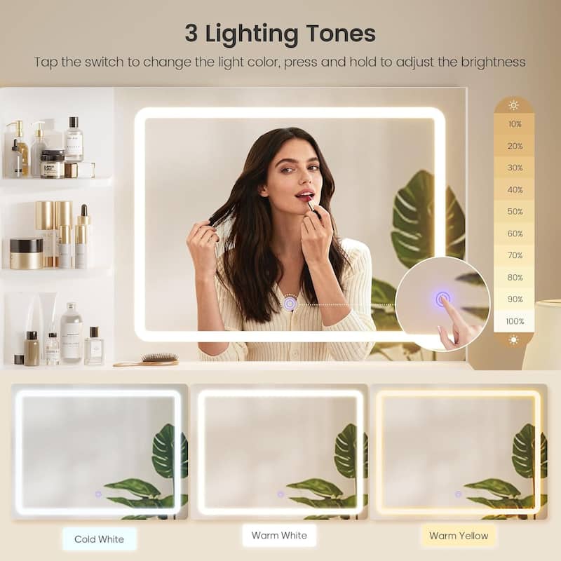 Makeup Vanity Desk Mirror LED Lights Charging Station RGB Lights Drawers Cabinet