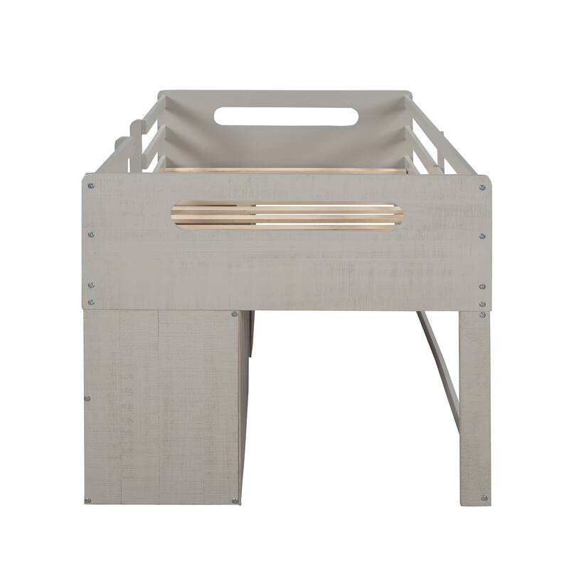 Twin Solid Pine Loft Bed with Shelves, Drawers, and Guardrail