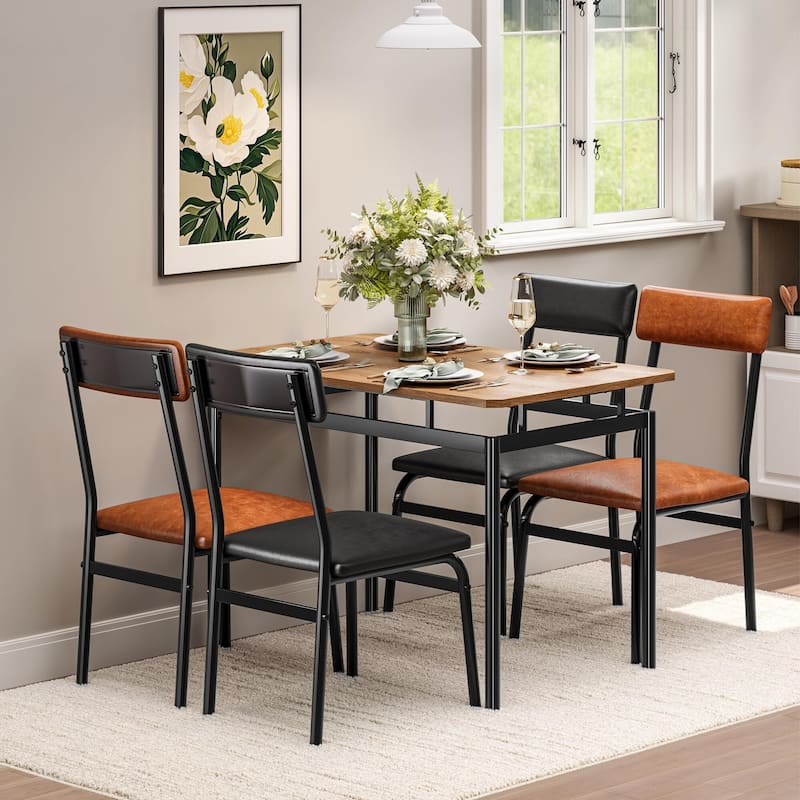 5 Piece Dining Table Set for 4, Small Industrial Kitchen Table with PU Padded Chairs & Metal Frames