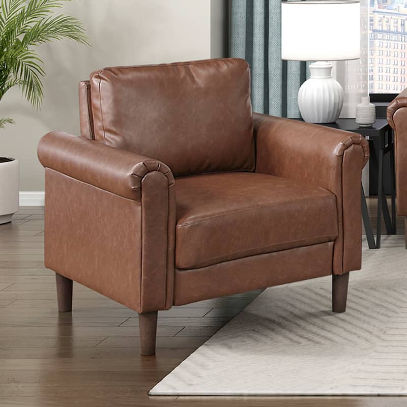Frances 35" Faux Leather Living Room Chair - Brown Finish Exposed Feet