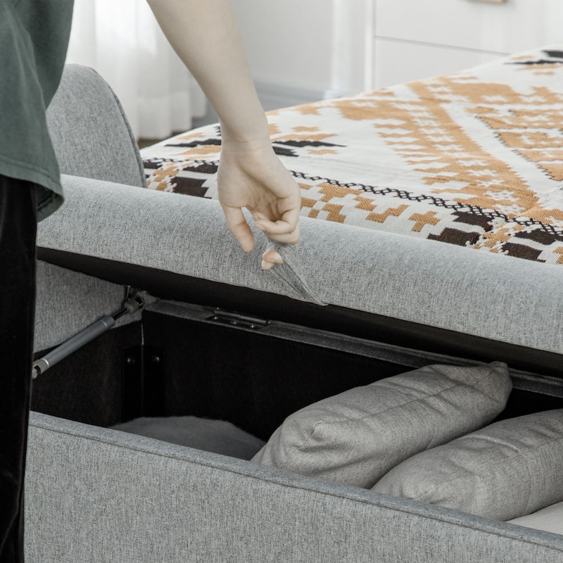 HOMCOM Modern Upholstered Storage Bench with Arms, Linen-Feel Fabric Ottoman Bench, Dark Grey