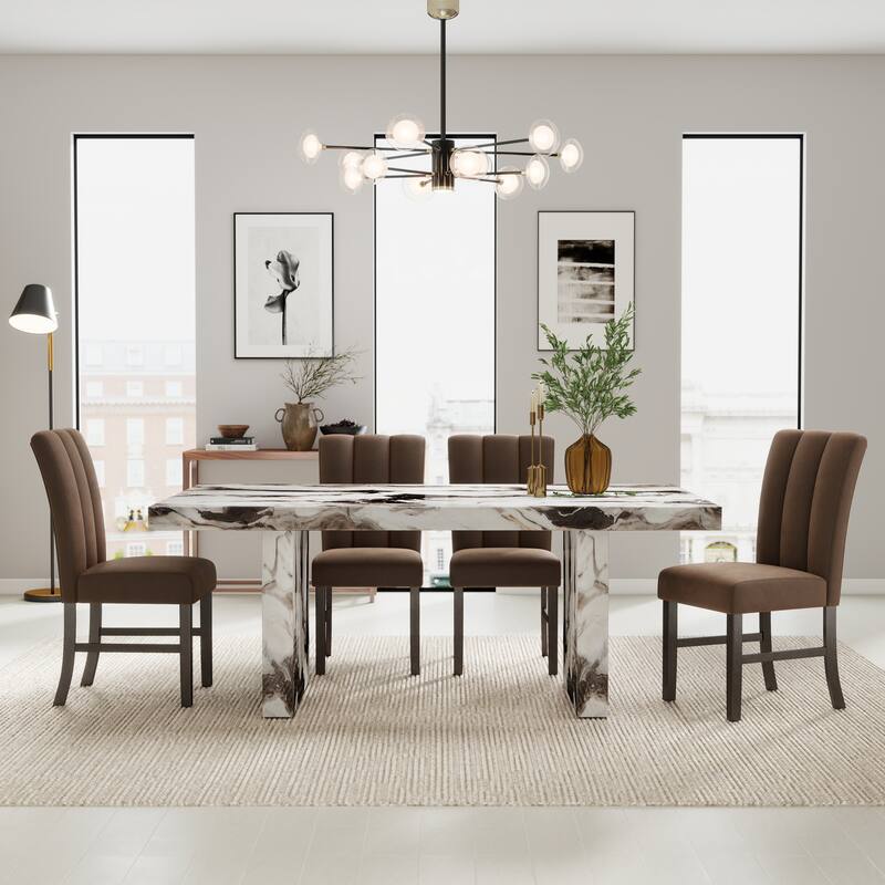 Roundhill Furniture Cavira 5-Piece Modern Faux Marble Dining Set, Double Pedestal Table with 4 Upholstered Chairs