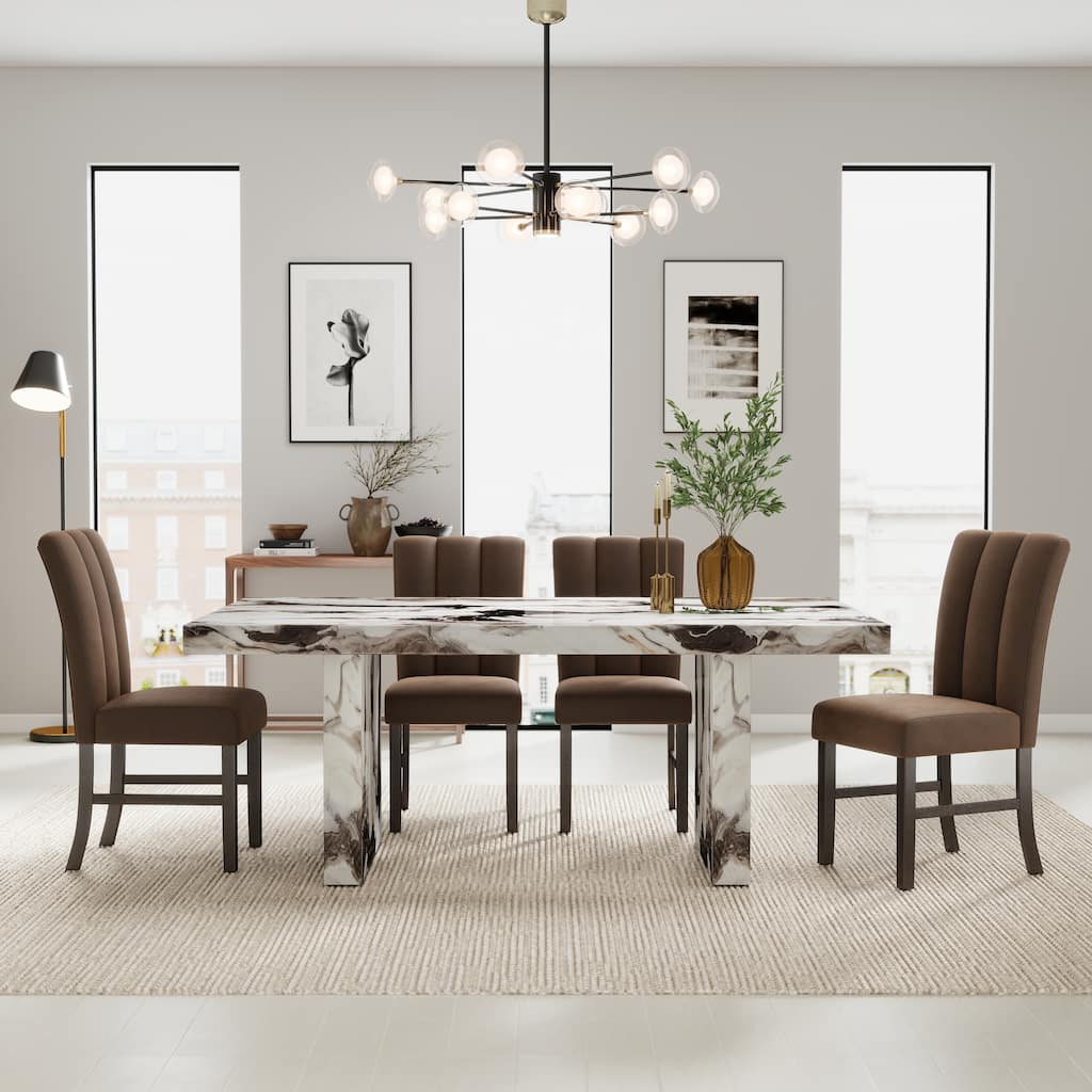 Roundhill Furniture Cavira 5-Piece Modern Faux Marble Dining Set, Double Pedestal Table with 4 Upholstered Chairs