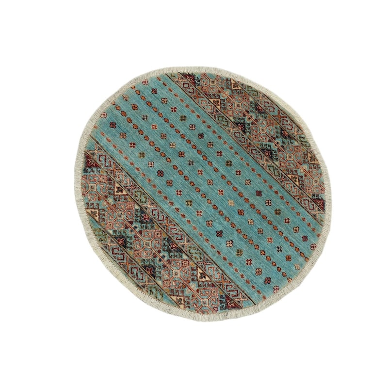 Tribal Khurgeen Dawn Lt. Blue/Orange Hand-knotted Wool Rug - 3'2 x 3'2 - 3'2'' x 3'2''