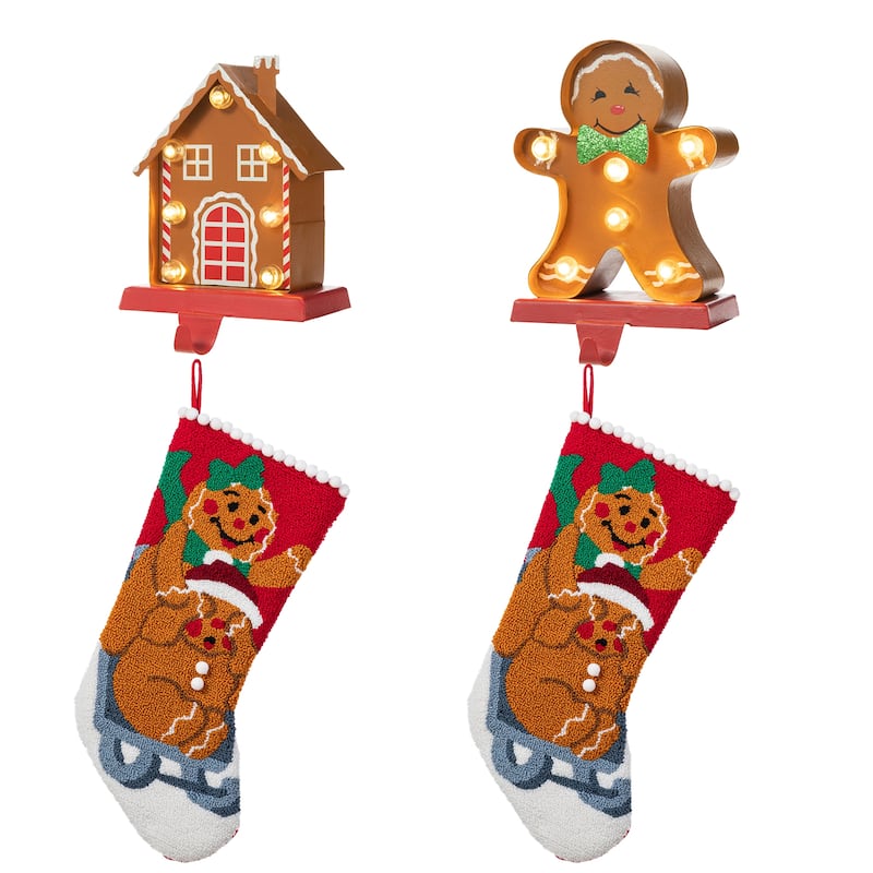 Glitzhome Christmas Marquee LED Gingerbread Man House Stocking Holders with Stockings Mantel Ornament - 4PK Gingerbread Stockings & Stocking Holders