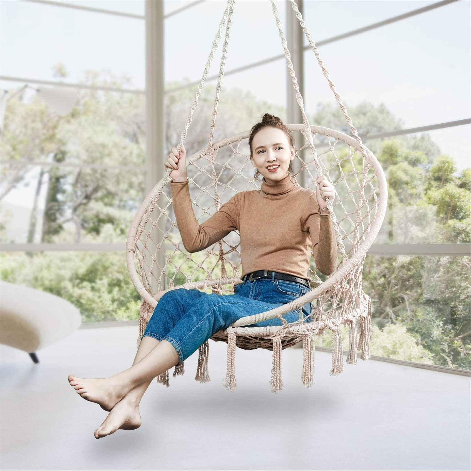 Hammock Chair Swing Max 550 Lbs Hanging Cotton Rope Hammock Swing Chair For Indoor Outdoor Use Beige 31 49inches Overstock 31823529