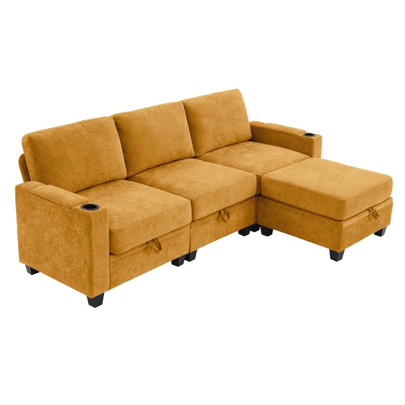 Chenille Sectional Sofa, Hidden Storage & Modular Design - 3-Seater & 1 Ottoman - Turmeric