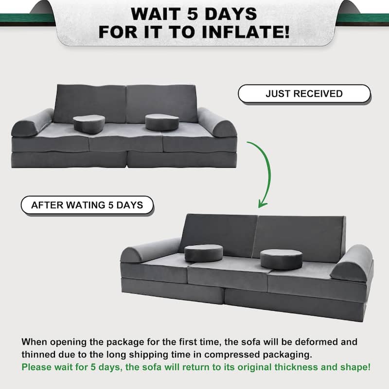 11-Piece Kids Couch Sofa, Convertible Foam and Floor Cushion, Grey - 70.8"×31.5"×19.7"