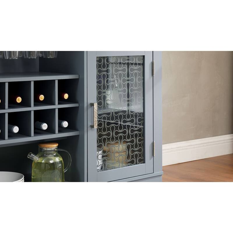 Sideboard Cabinet with Glass Doors, Kitchen Storage Cabinet with 2 Drawers, Coffee Bar Cabinet with Wine and Glass Rack