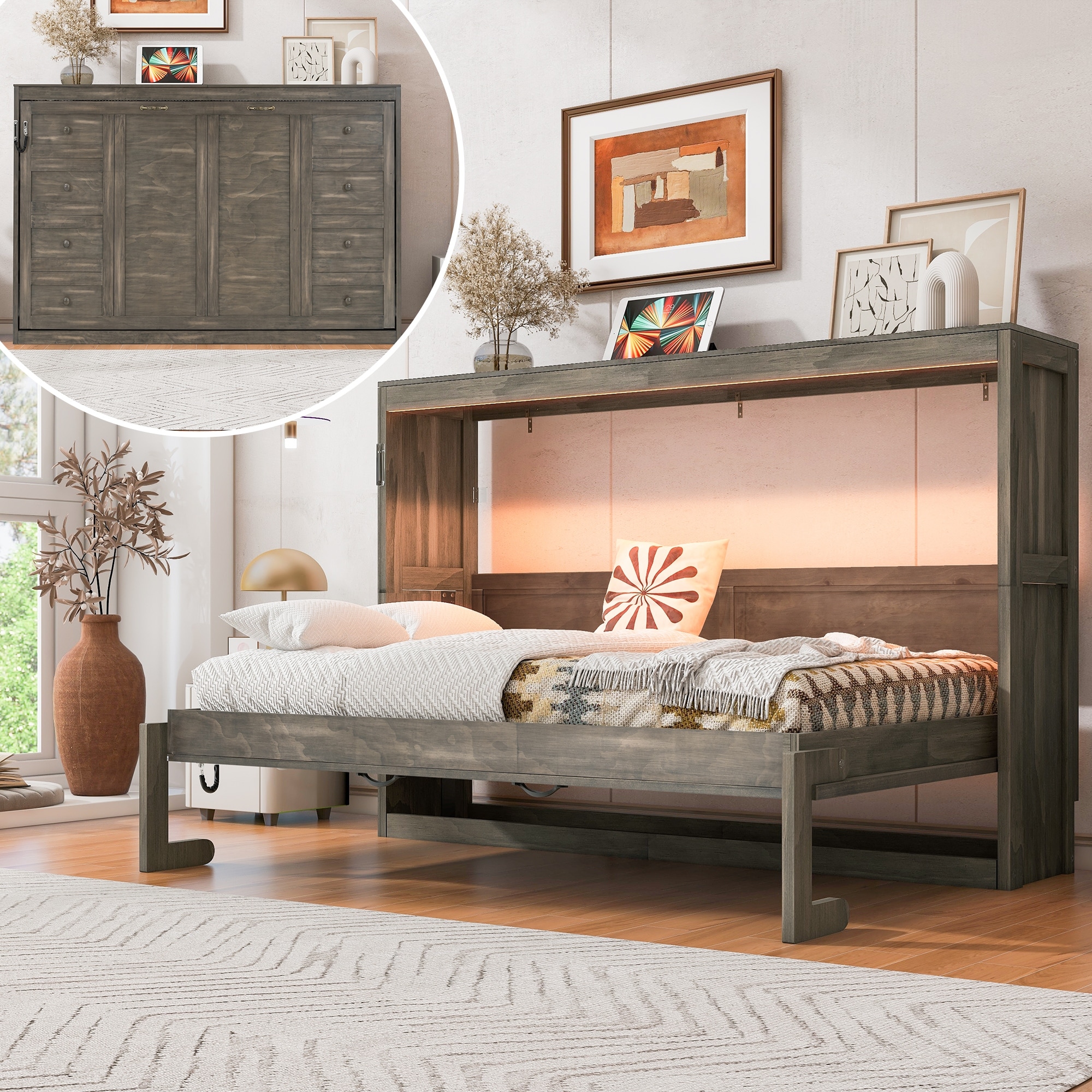 Tall dark gray wood bed frame with built-in overhead shelving and a curved desk-like support, shown in a modern bedroom with decor and pillows.