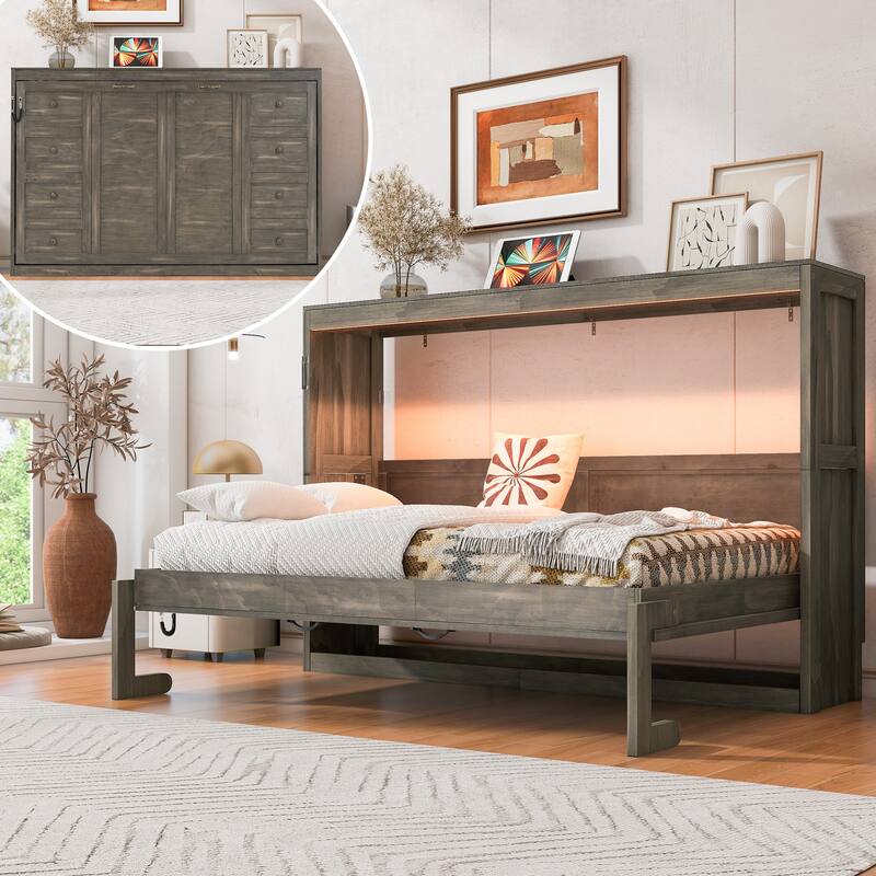 Twin Size Murphy Bed with LED Light, Foldable Platform Bed Can be Folded into Cabinet, Hidden Wall Bed Cube Cabinet Frame - Brown - Twin