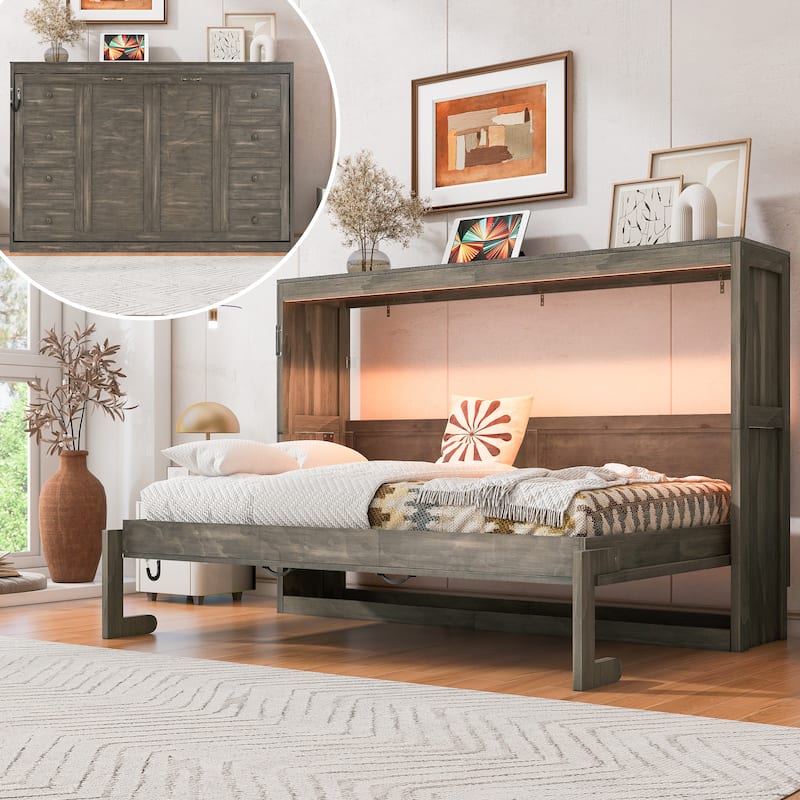 Twin Size Wall Murphy Bed Chest with LED Lights, Wood Hideaway Wall Bed Cabinet, Foldable into a Cabinet