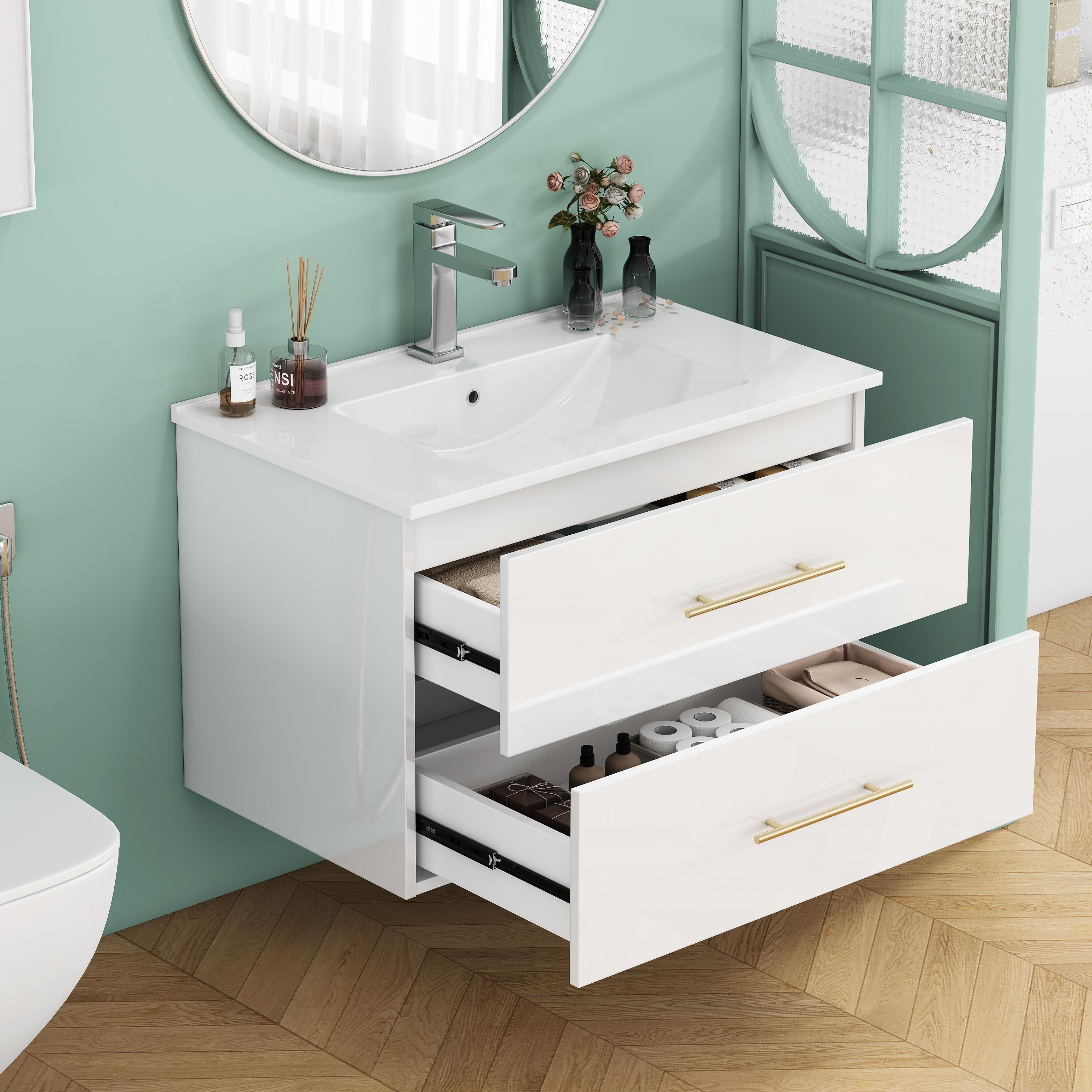 30-Inch Wall-Mounted Bathroom Cabinet with Ceramic Sink, Floating Bathroom Vanity with Double Drawers