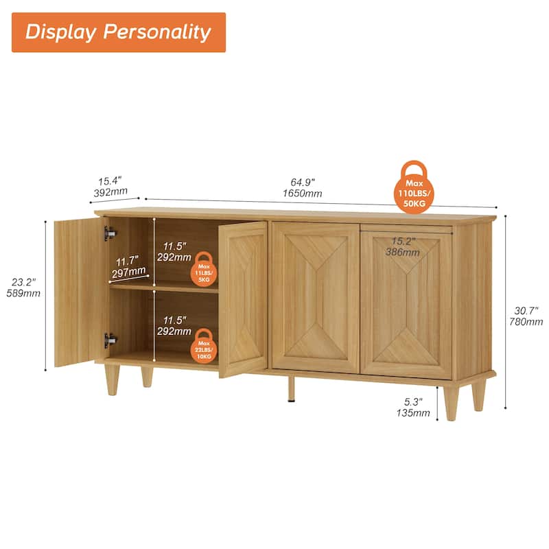 Large Buffet Cabinet with Handcrafted Pop-Up Doors for Dining Room