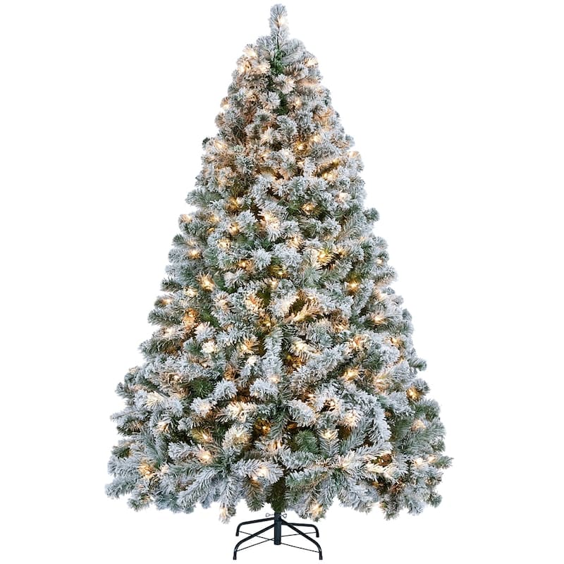 Yaheetech Pre-Lit Snow Flocked Christmas Tree with Incandescent Lights - 6 Foot