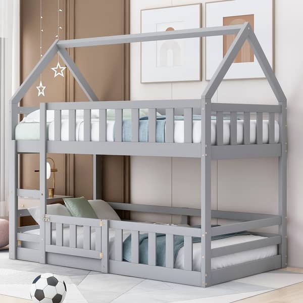 slide 2 of 34, Twin over Twin House Bunk Bed with Fence and Door, Grey - Solid Pine Wood, Playful Design with Whimsical Roof and Guardrails Grey