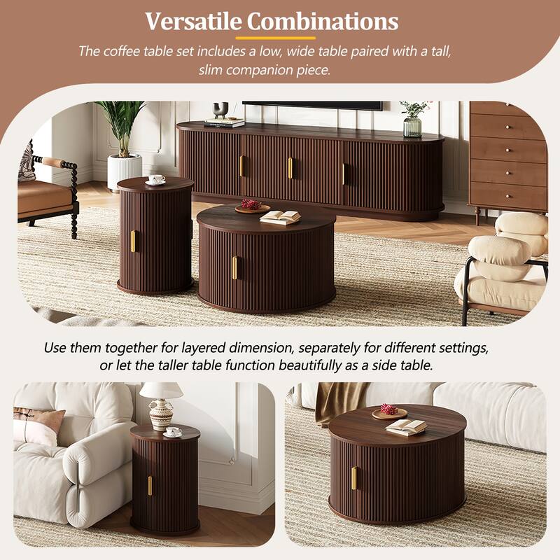Fluted Sliding Door TV Stand & Coffee Table Set, Wooden Media Cabinet TV Console for TVs up to 75", 3-Piece Living Room Set
