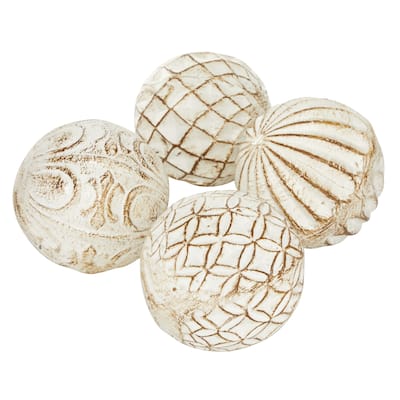 Ceramic Handmade Carved Decorative Ball Orbs & Vase Filler with Varying Patterns - Set of 4 White - Roche River Décor.