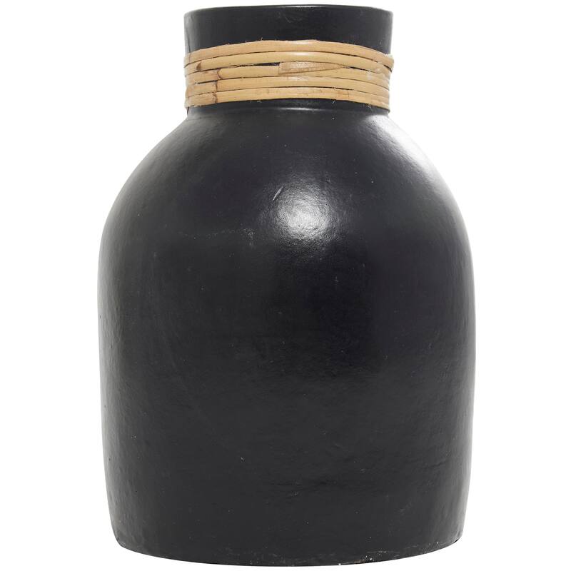 Modern Black Ceramic Vase with Stylish Wrapped Rattan Detailing