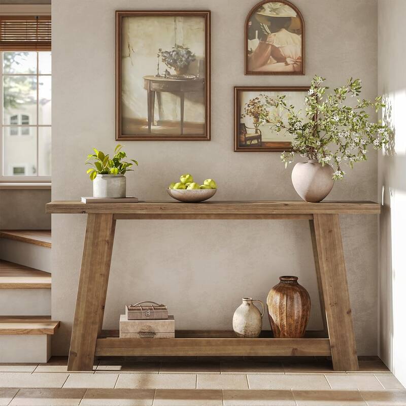 63" Solid Wood Console Table, Farmhouse Entryway Table with 2-Tier Shelf - 62.99" W x 11.81" D x 31.49" H