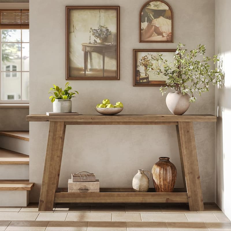 63-Inch Narrow Solid Wood Console/Entryway/Sofa Table Behind Couch with 2-Tier Shelf