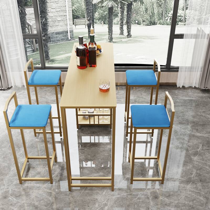 5 Piece Bar Table Set, Counter Height Kitchen Table Set, Metal Table and Chairs Set with 4 Upholstered Chairs & Storage Shelves