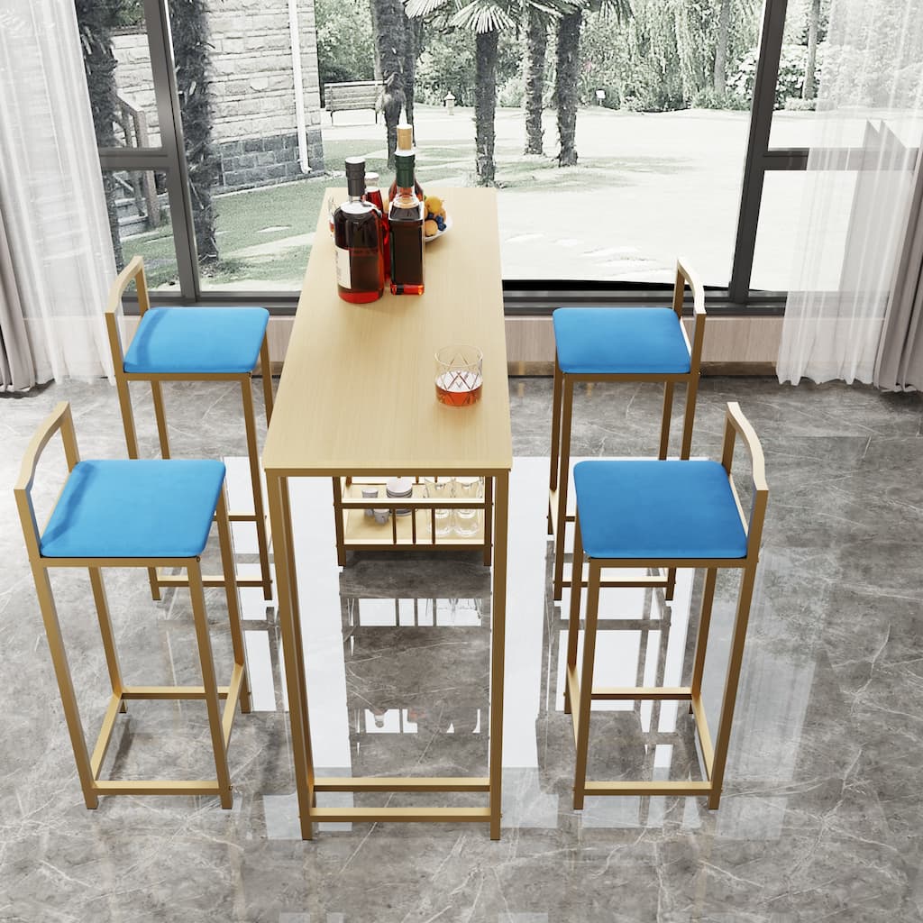 5-Piece Bar Table Set with 4 Navy Stools & Storage Shelf
