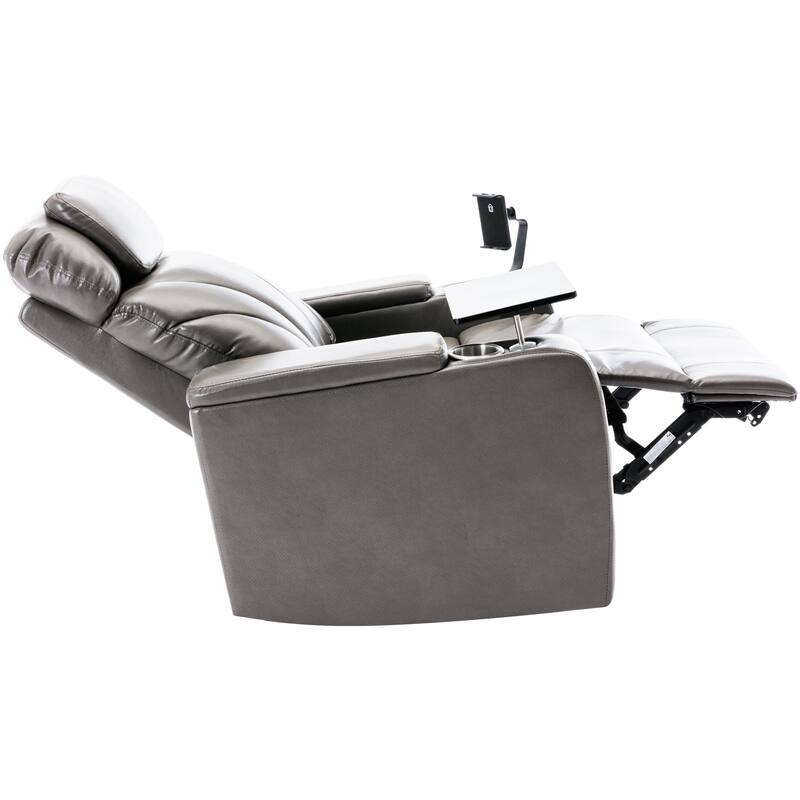 Grey PU Leather Power Motion Recliner with Arm Storage, Stereo Bed