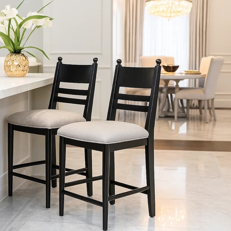 Gela Counter Height Chair Set of 2, Beige Seat, Black Ladderback