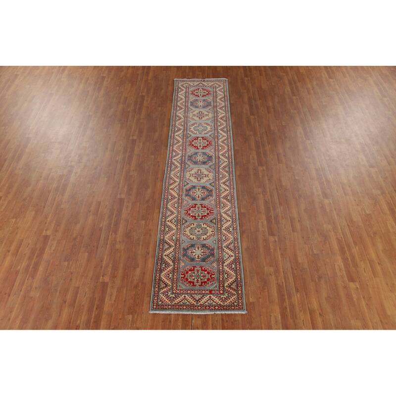 Geometric Kazak Oriental Runner Rug Hand-Knotted Wool Carpet - 2'8" x 12'2"