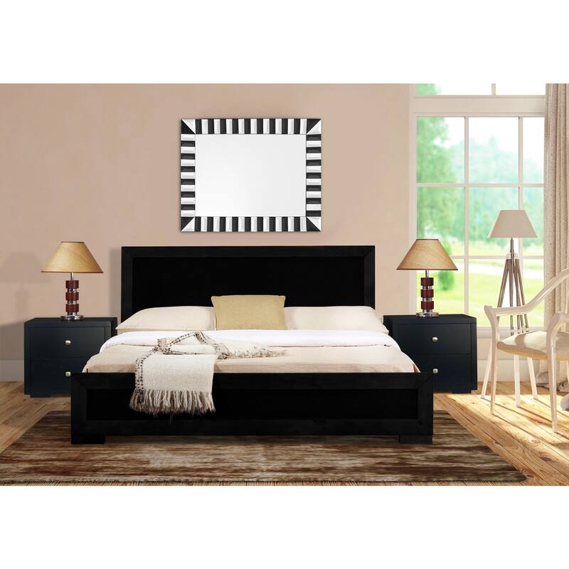 Wooden Platform Bed with Nightstands - Modern Black Bed Frame, Slat Support System
