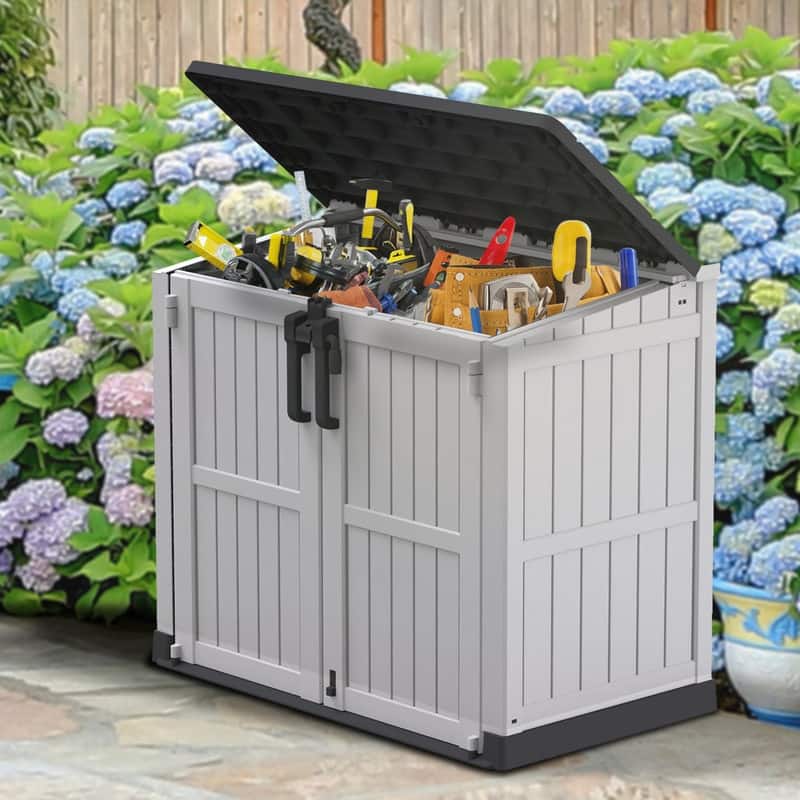 233GAL/880L Heavy-Duty Outdoor Storage Box with Wood-Effect Panels -Lockable Weather-Resistant Design for Garden Tools - 880L