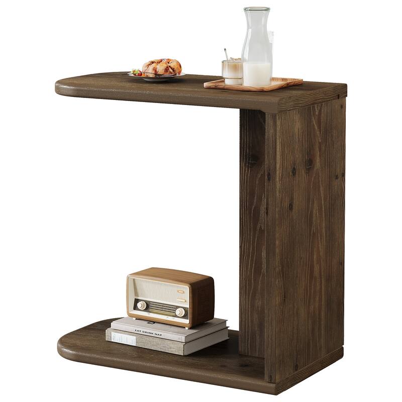Solid Wood C-Shaped End Table, Sofa Couch Side Snack Accent Table, Living Room Bedroom Couch Table