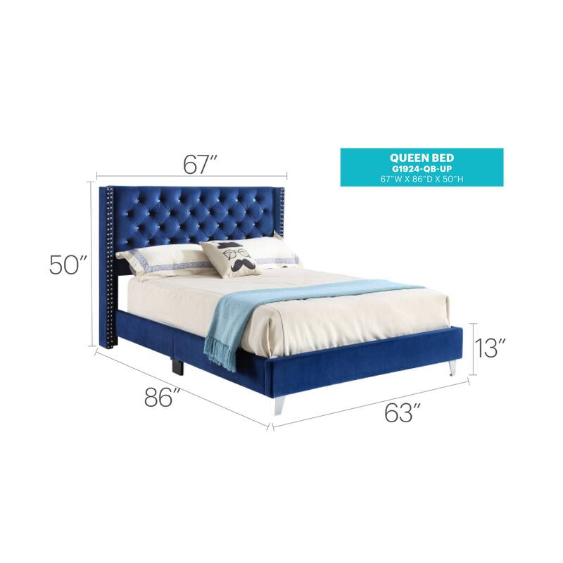 Upholstered Bed Frame, Navy Blue Tufted Bed with Nailhead Trim, Luxurious Bedroom Bed, 66x86 Inch